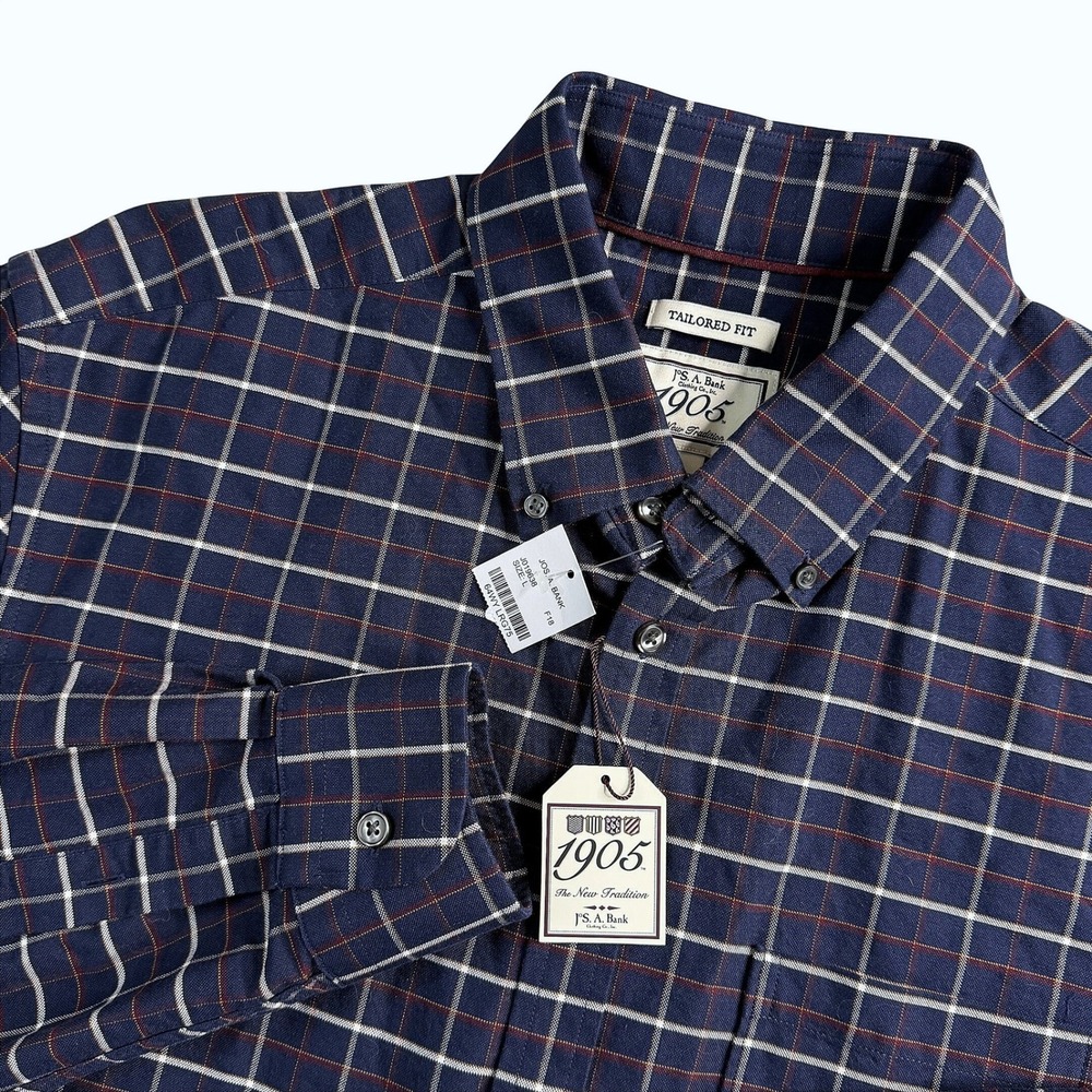 NWT Jos. A. Bank 1905 Tailored Fit Navy Blue Windowpane‎ Plaid Shirt Mens L